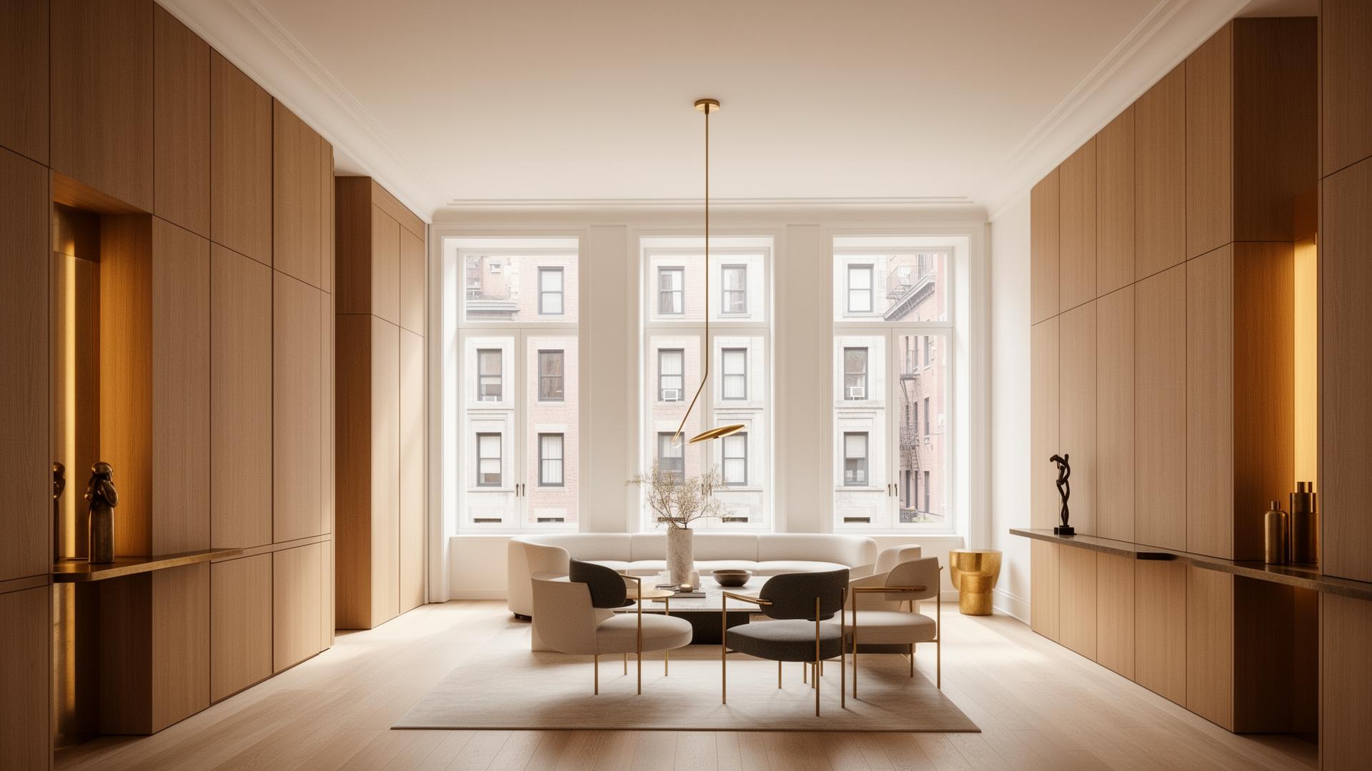 West Village townhouse interior with custom oak millwork and bronze accents